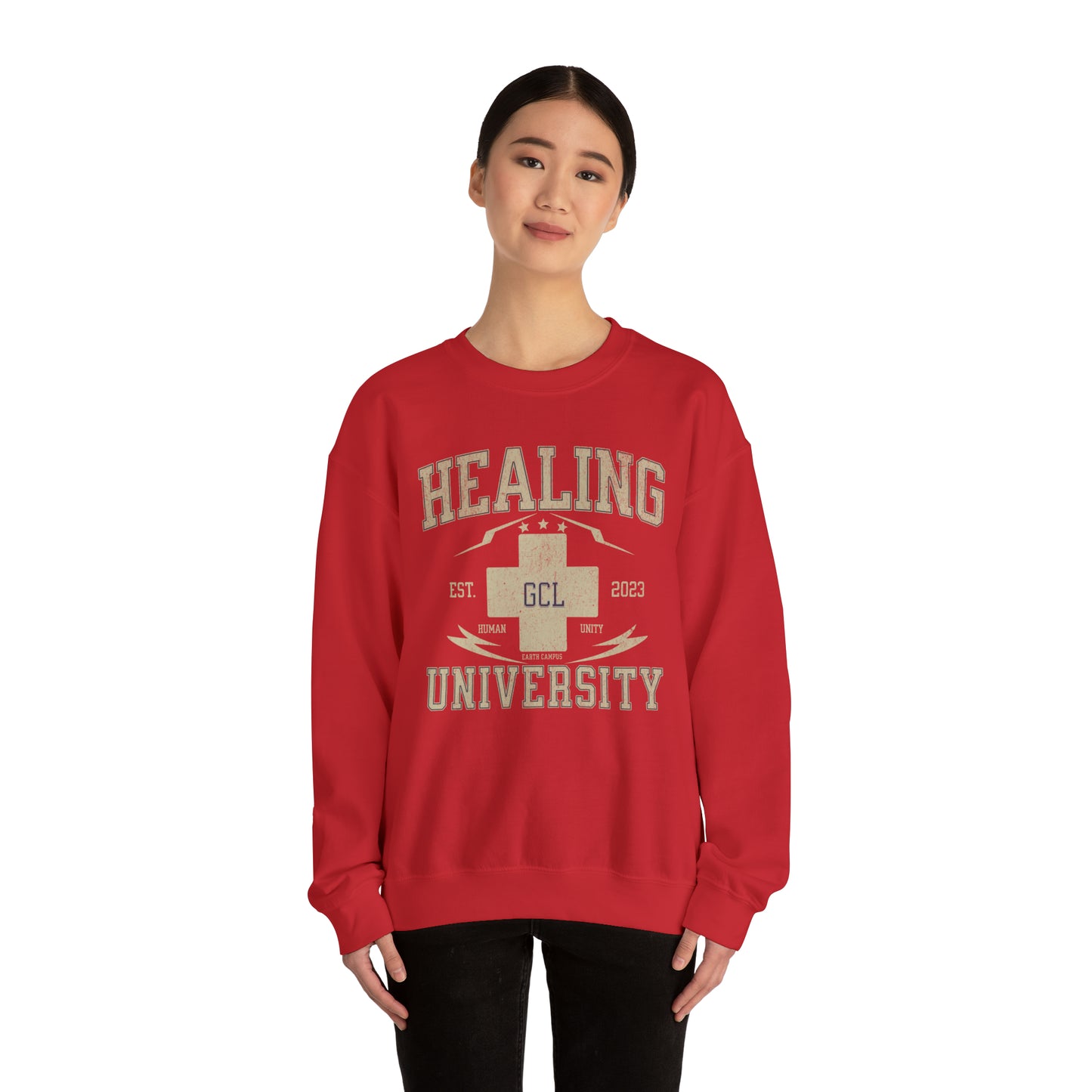 Healing University, Heal Yourself, Heal the World, "Healing Art" Series, Comfortable Commentary Collection, Social Commentary, Ultra Soft Material, Unisex Heavy Blend™ Crewneck Sweatshirt