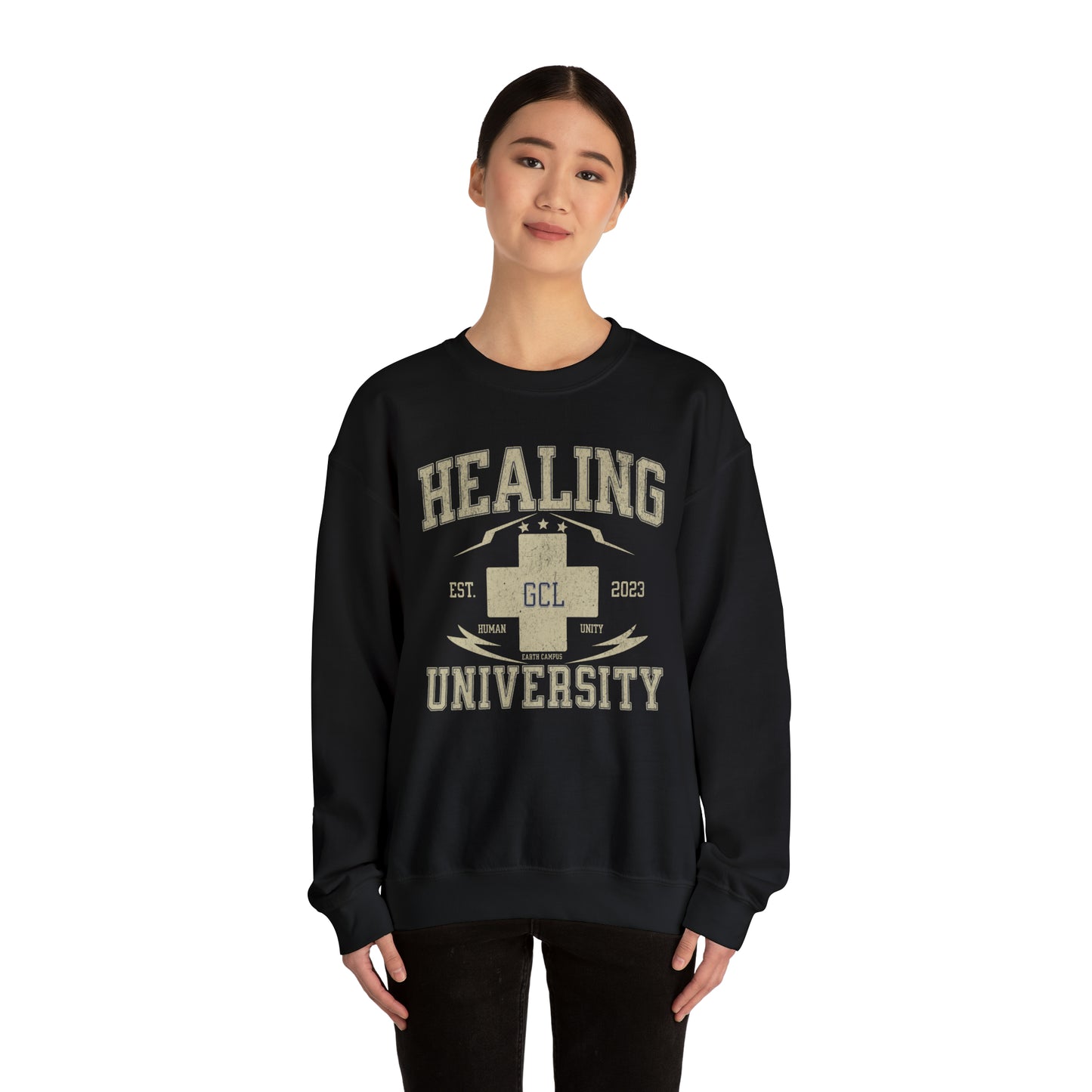 Healing University, Heal Yourself, Heal the World, "Healing Art" Series, Comfortable Commentary Collection, Social Commentary, Ultra Soft Material, Unisex Heavy Blend™ Crewneck Sweatshirt