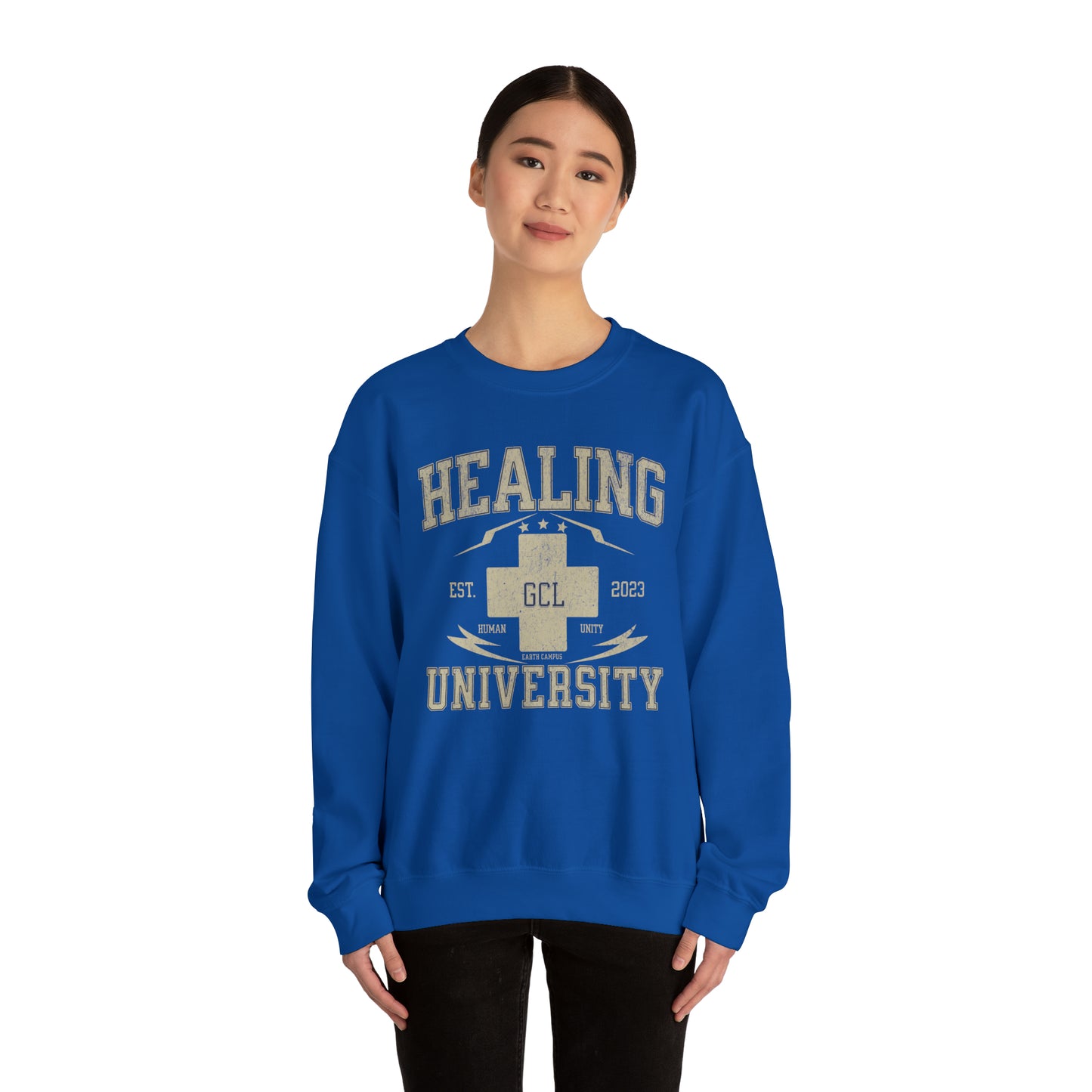 Healing University, Heal Yourself, Heal the World, "Healing Art" Series, Comfortable Commentary Collection, Social Commentary, Ultra Soft Material, Unisex Heavy Blend™ Crewneck Sweatshirt