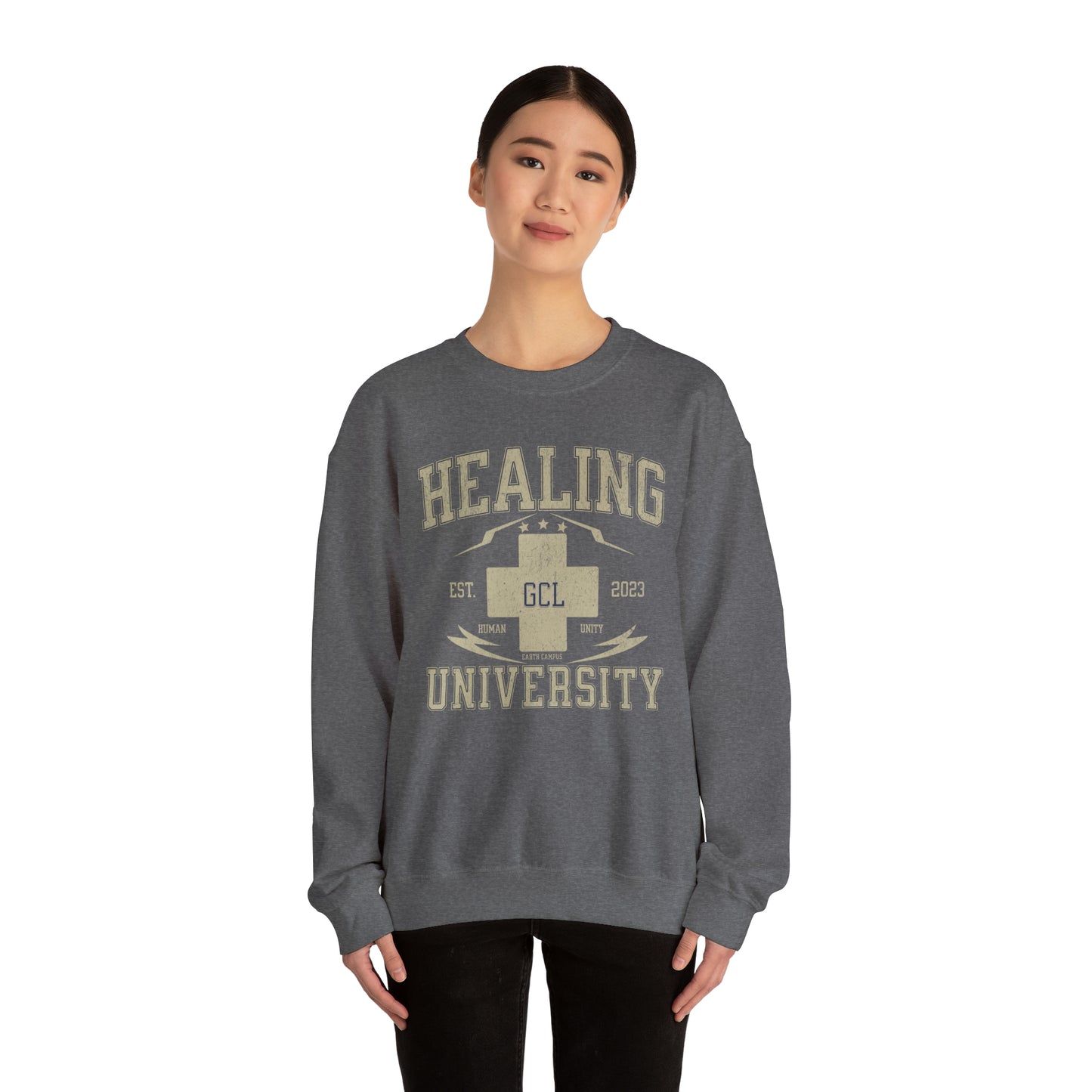 Healing University, Heal Yourself, Heal the World, "Healing Art" Series, Comfortable Commentary Collection, Social Commentary, Ultra Soft Material, Unisex Heavy Blend™ Crewneck Sweatshirt