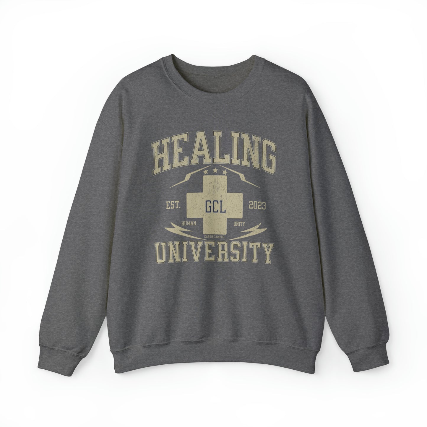 Healing University, Heal Yourself, Heal the World, "Healing Art" Series, Comfortable Commentary Collection, Social Commentary, Ultra Soft Material, Unisex Heavy Blend™ Crewneck Sweatshirt