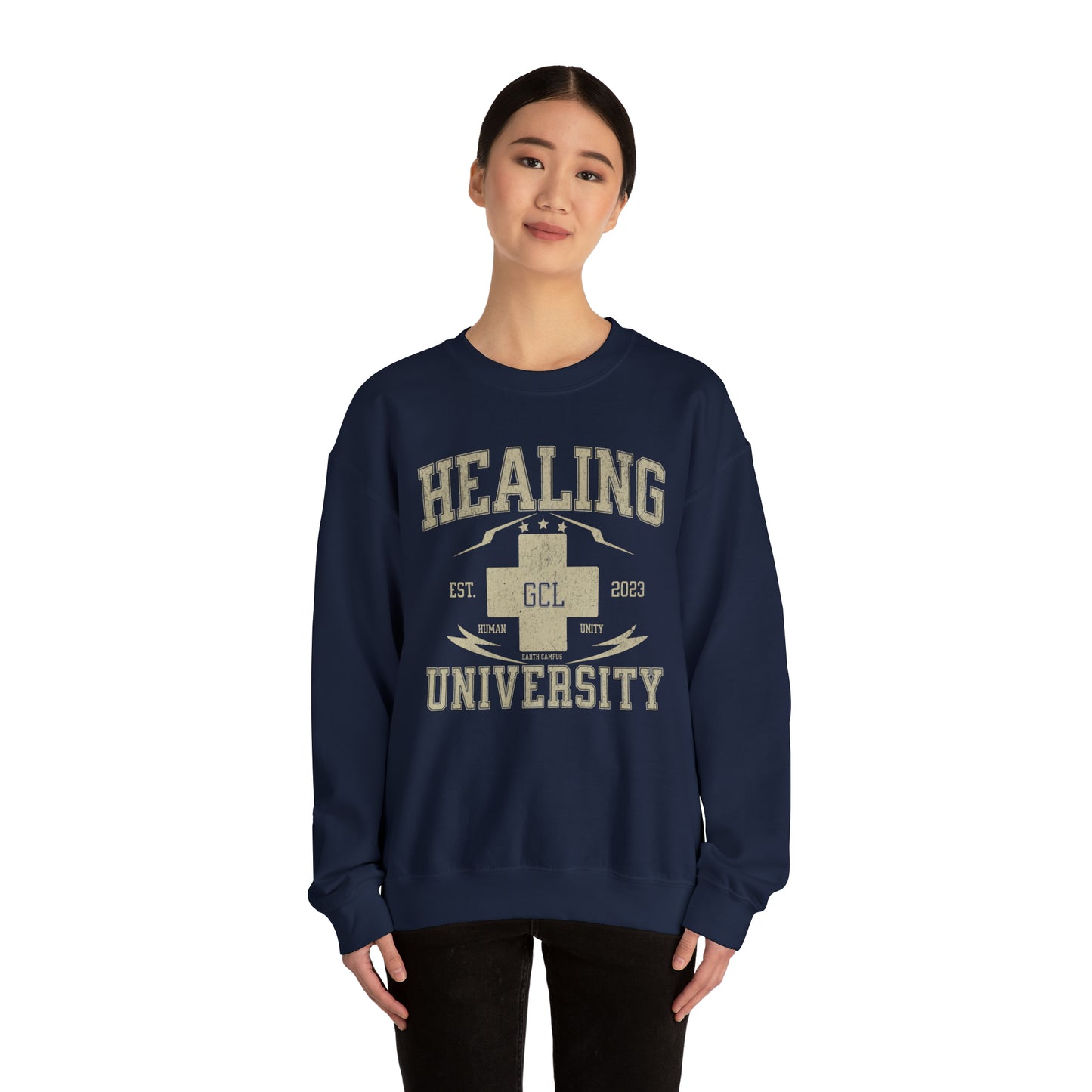 Healing University, Heal Yourself, Heal the World, "Healing Art" Series, Comfortable Commentary Collection, Social Commentary, Ultra Soft Material, Unisex Heavy Blend™ Crewneck Sweatshirt