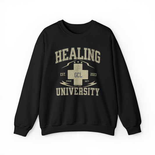 Healing University, Heal Yourself, Heal the World, "Healing Art" Series, Comfortable Commentary Collection, Social Commentary, Ultra Soft Material, Unisex Heavy Blend™ Crewneck Sweatshirt